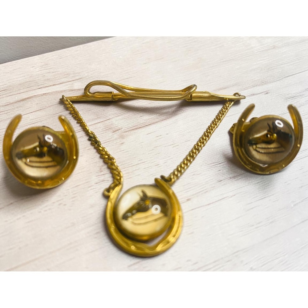 Anson VINTAGE Gold Tone Horse Head Western Cufflinks‎ and Tie Clip Set